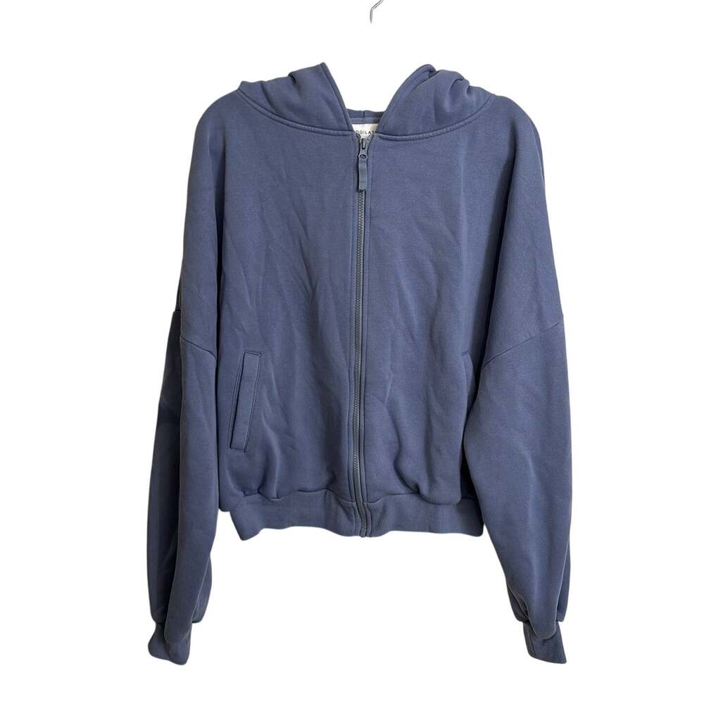 Blogilates PopFlex Hoodie Womens Large Blue Zip Cloud Cropped Oversized Fleece